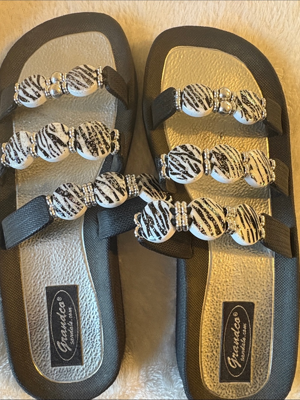 Grana Black Slide Sandals with White Zebra-Print Beads
